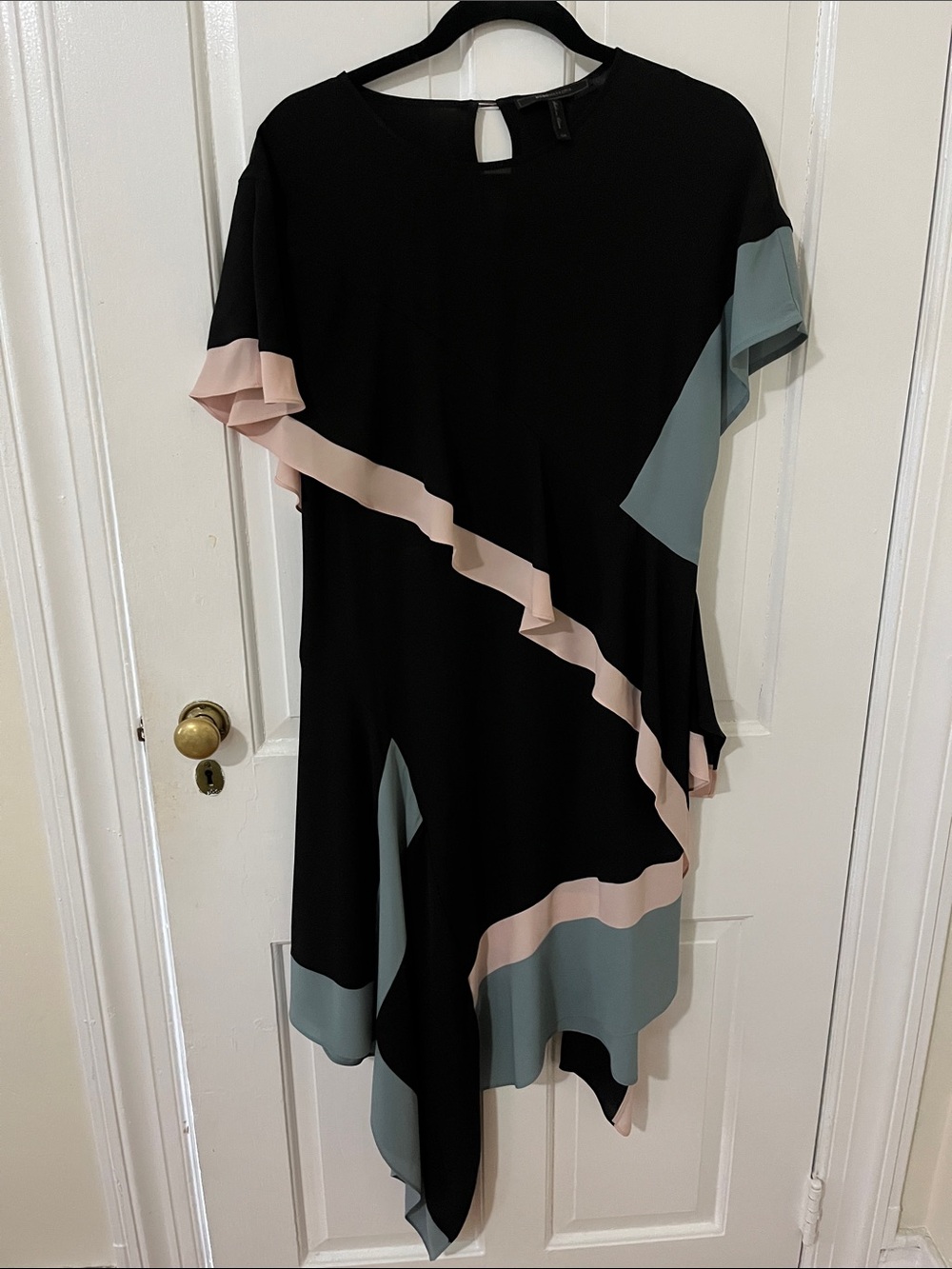 BCBGMaxAzria Black Dress with Blush and Slate Colorblock Asymmetry